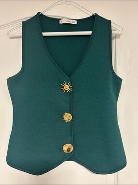 Mango Teal V-Neck Sleeveless Tank with Decorative Gold Buttons